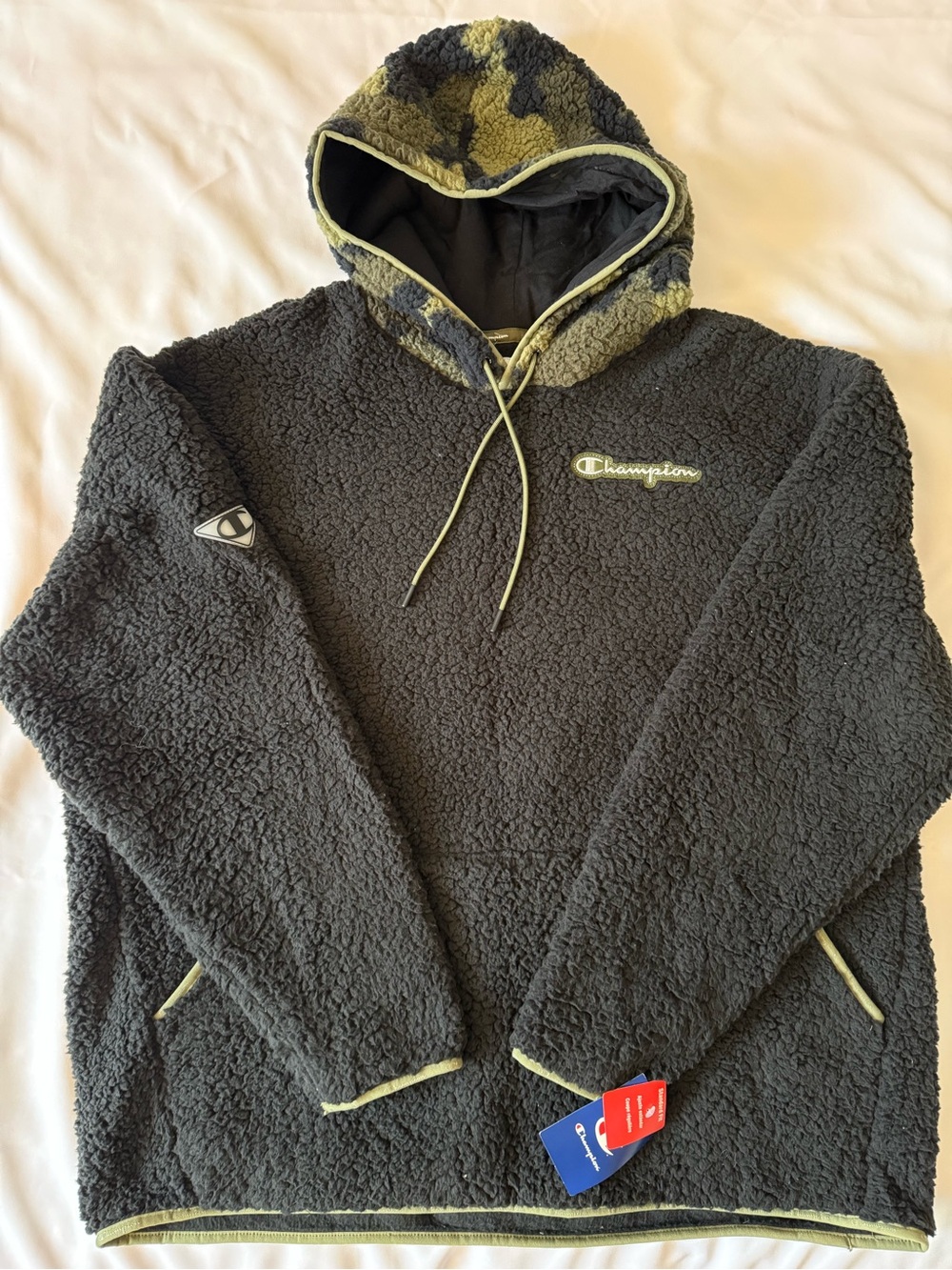 Champion Sherpa Fleece Pullover Hoodie Men's Black/Green Camo 2XL Standard